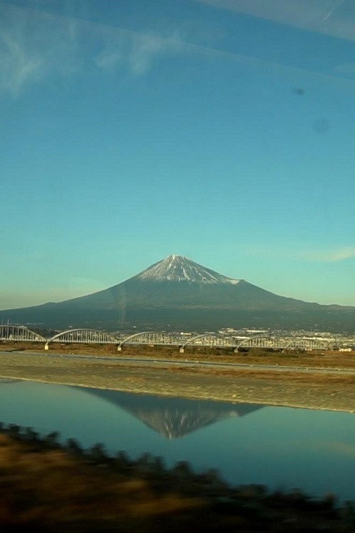 Le mont Fuji vu d'un train en marche poster