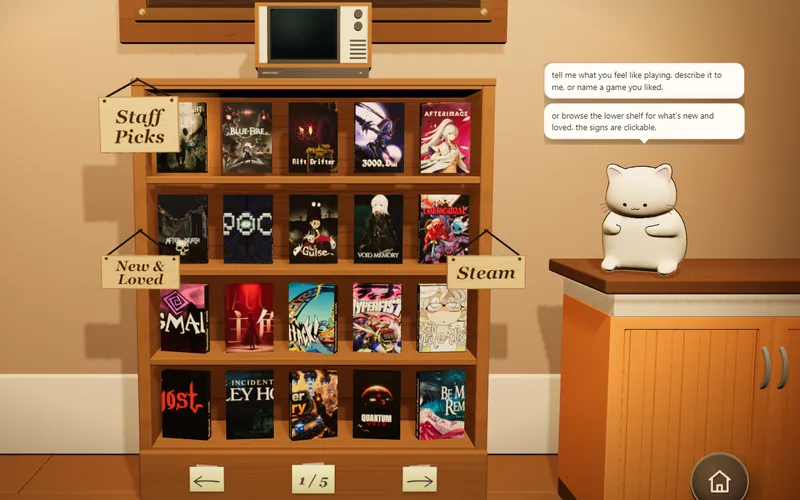 The 3D catalog: game boxes on wooden shelves, with the cat sitting at the counter next to its greeting.