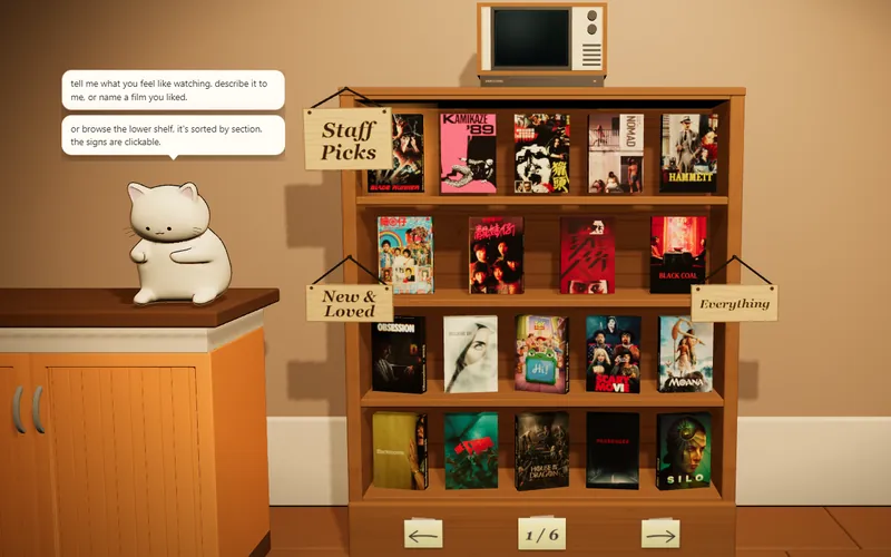 The 3D catalogue: film cases on wooden shelves, with the cat sitting at the counter next to its greeting.